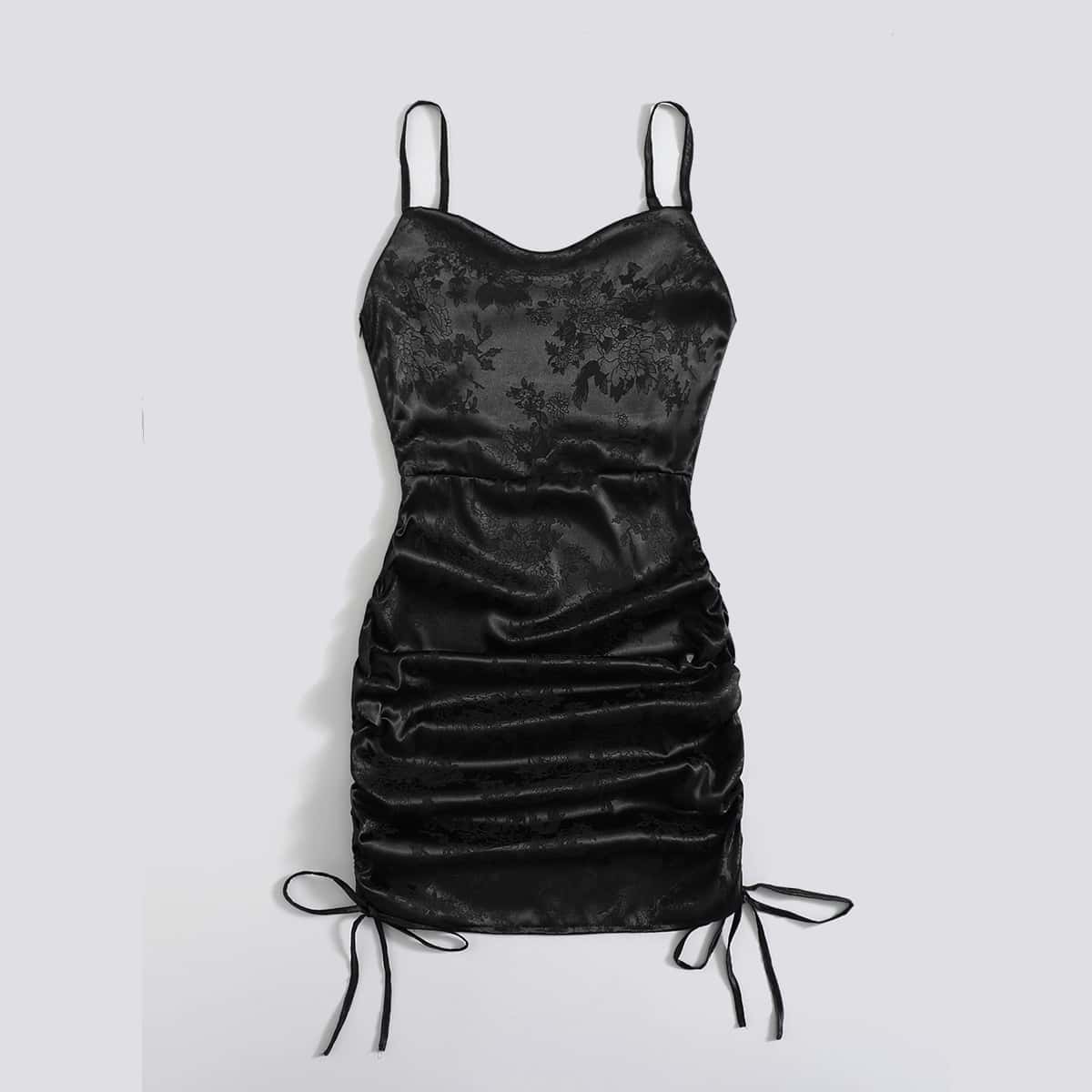 

Satin Jacquard Drawstring Dress, Black