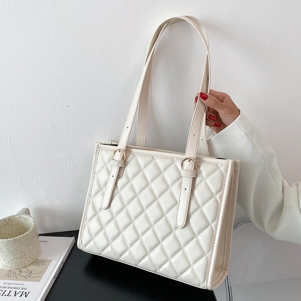 

Minimalist Quilted Square Bag, Beige