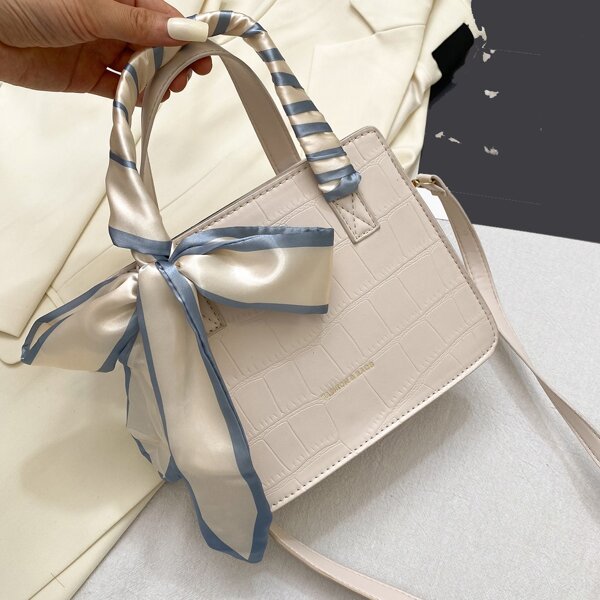 

Croc Embossed Scarf Decor Satchel Bag, Beige