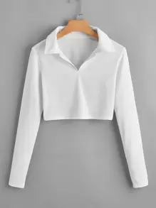 SHEIN Unity Solid Ribbed Collar Crop Tee - White - View 1