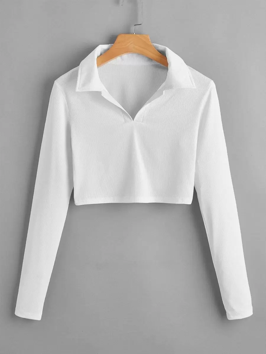 SHEIN Unity Solid Ribbed Collar Crop Tee - White - View 1