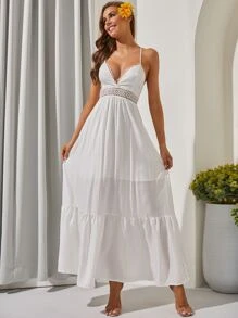 Vestido inserción de encaje de guipure con cordón trasero bajo con fruncido