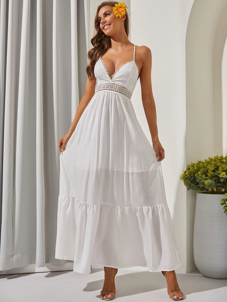 Vestido inserción de encaje de guipure con cordón trasero bajo con fruncido