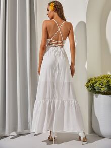 Vestido inserción de encaje de guipure con cordón trasero bajo con fruncido