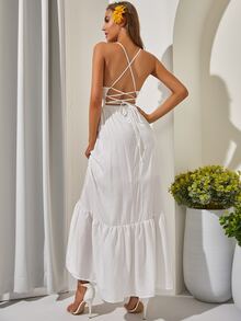 Vestido inserción de encaje de guipure con cordón trasero bajo con fruncido