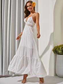 Vestido inserción de encaje de guipure con cordón trasero bajo con fruncido