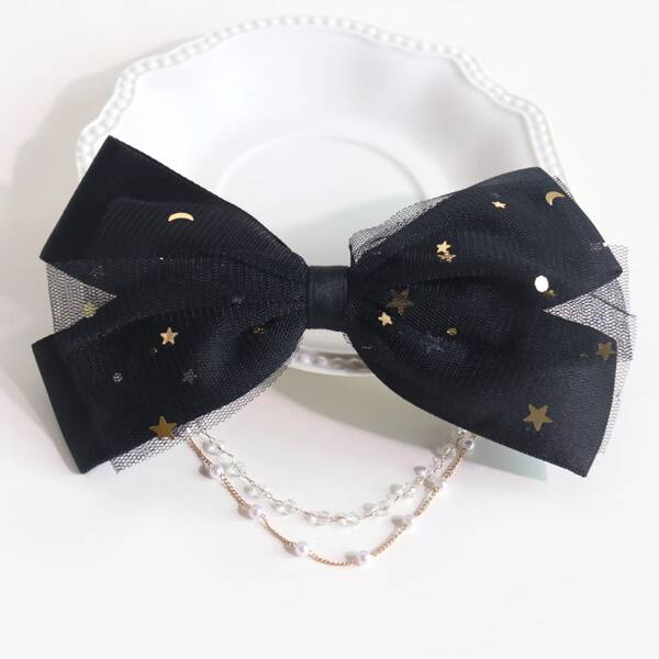 

Toddler Girls Bow Decor Hair Clip With Chain, Black