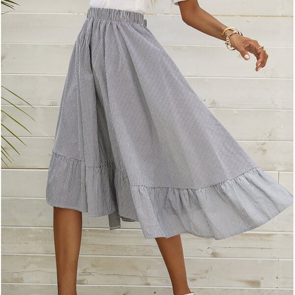 

Striped Asymmetrical Ruffle Hem Skirt, Grey