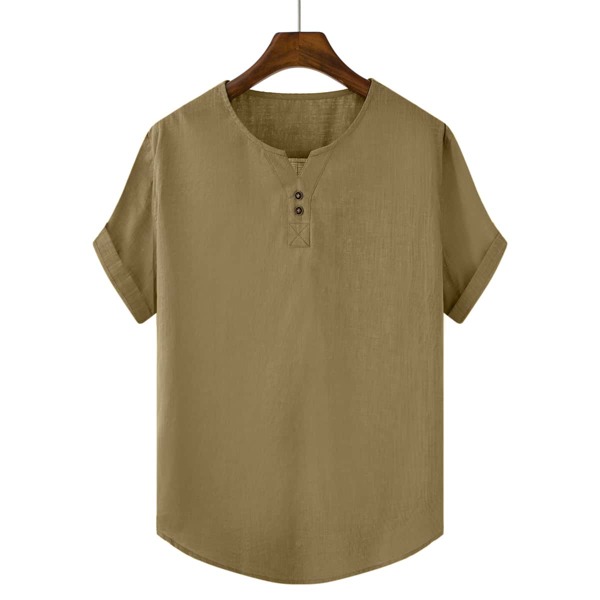 

Men Notched Neck Button Detail Shirt, Khaki