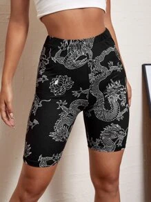 SHEIN EZwear 中國龍印花騎行褲