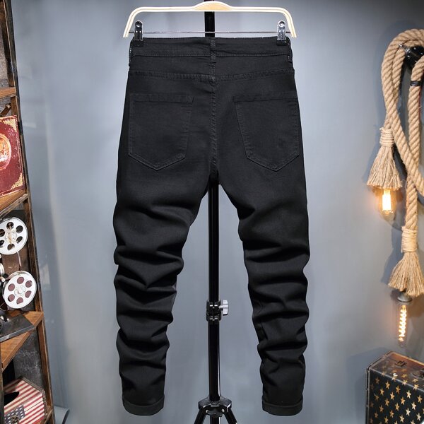 

Men Contrast Stripe Sideseam Ripped Jeans, Black