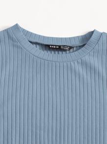 SHEIN EZwear 素色小褶邊羅紋針織T恤