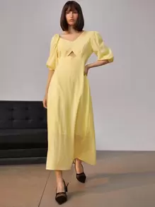 Chiquease 不對稱領泡泡袖鏤空細節連衣裙 - 黃色 - 查看 1