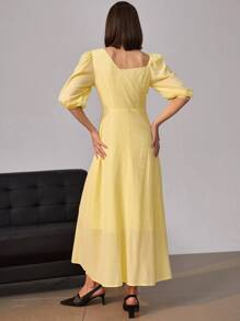 Chiquease 不對稱領泡泡袖鏤空細節連衣裙 - 黃色 - 查看 2