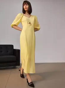 Chiquease 不對稱領泡泡袖鏤空細節連衣裙 - 黃色 - 查看 4