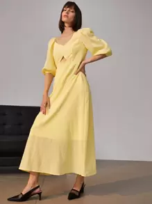 Chiquease 不對稱領泡泡袖鏤空細節連衣裙 - 黃色 - 查看 5