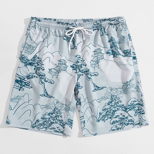 

Men Landscape Print Drawstring Waist Shorts, Multicolor