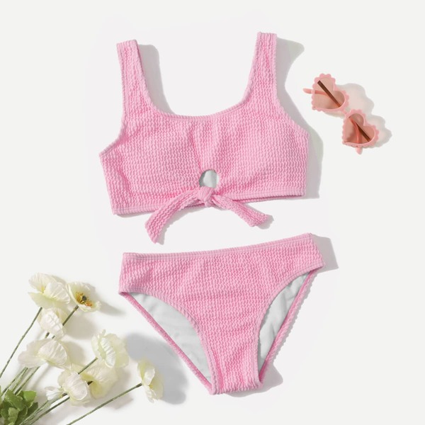 

Girls Textured Knot Hem Bikini Swimsuit, Pink