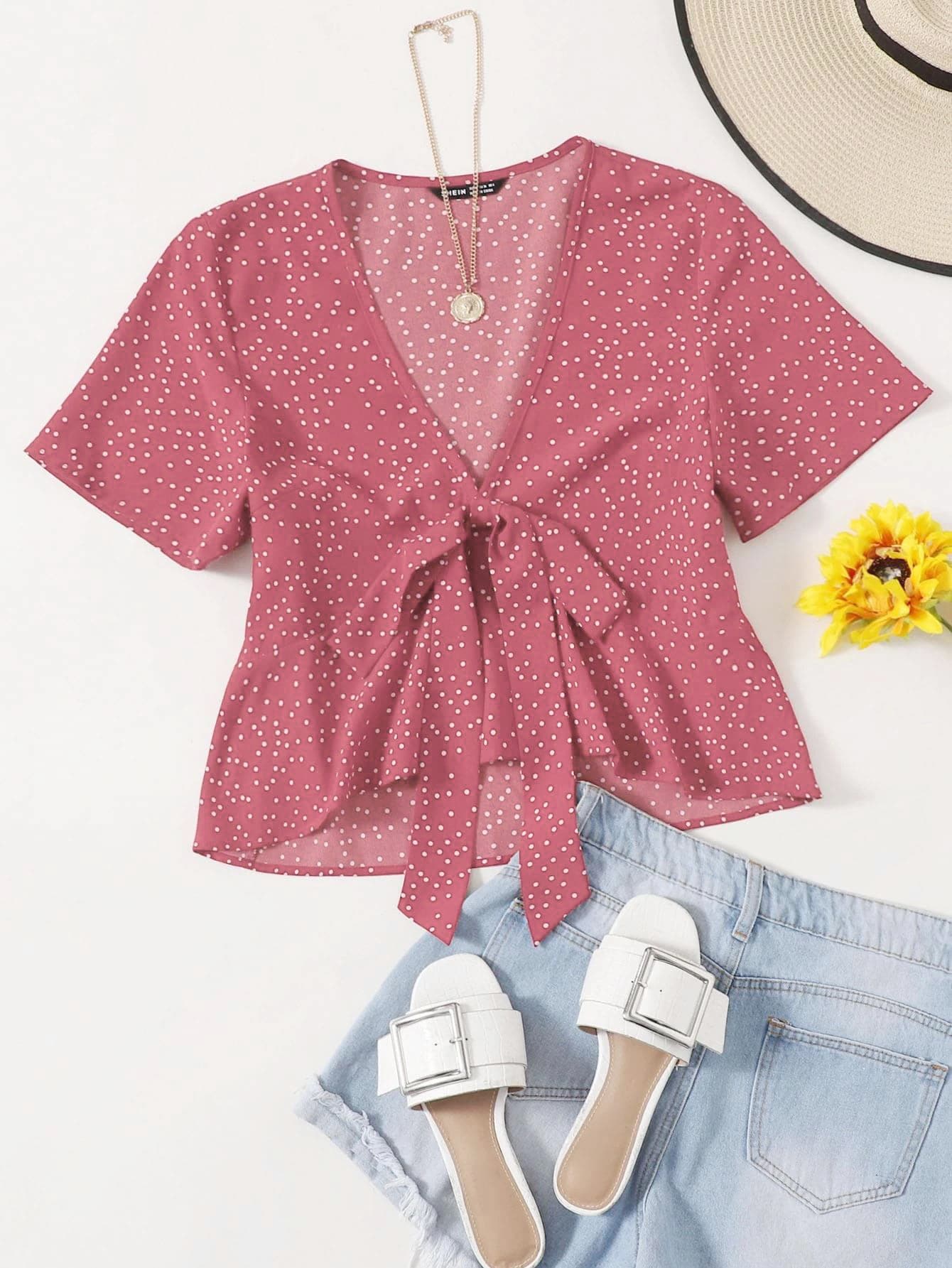 Tie Front Polka Dot Peplum Top - Pink - View 1