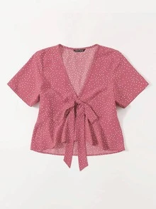 Tie Front Polka Dot Peplum Top - Pink - View 4
