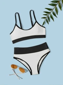 Tween Girl Contrast Binding Bikini Set Summer Beach - Black and White - View 1