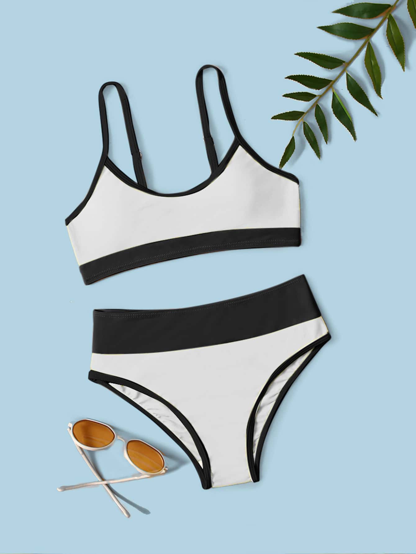 Tween Girl Contrast Binding Bikini Set Summer Beach - Black and White - View 1
