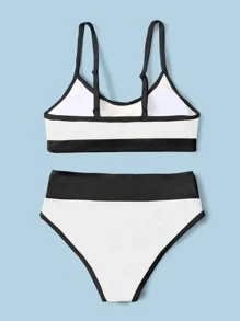 Tween Girl Contrast Binding Bikini Set Summer Beach - Black and White - View 2