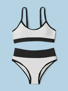 Tween Girl Contrast Binding Bikini Set Summer Beach - Black and White - View 5