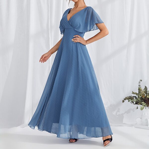 

Swiss Dot Butterfly Sleeve Surplice Neck Maxi Prom Dress, Blue