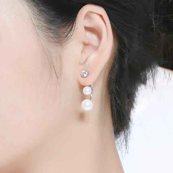 

Zircon & Faux Pearl Decor Earrings, Silver
