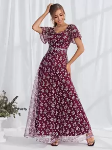 Ditsy Floral Mesh Maxi Dress - Red and White - View 1