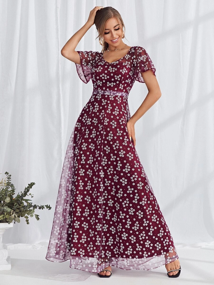 Ditsy Floral Mesh Maxi Dress - Red and White - View 1