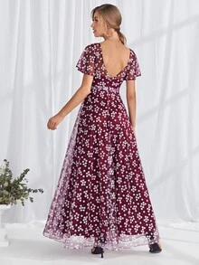Ditsy Floral Mesh Maxi Dress - Red and White - View 2