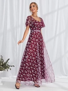 Ditsy Floral Mesh Maxi Dress - Red and White - View 3