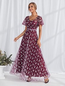 Ditsy Floral Mesh Maxi Dress - Red and White - View 4
