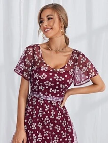 Ditsy Floral Mesh Maxi Dress - Red and White - View 5