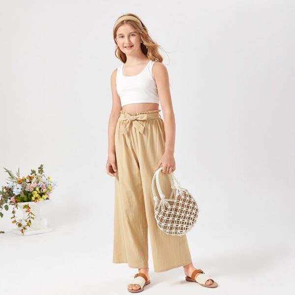 

Teen Girls Solid Paperbag Waist Palazzo Pants, Apricot