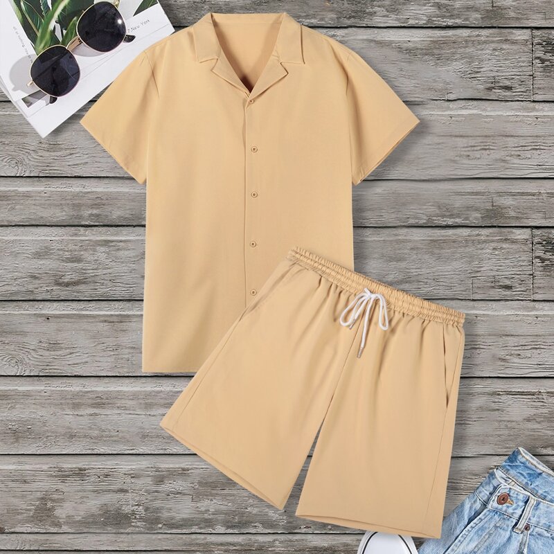 

Guys Solid Lapel Neck Shirt & Shorts, Khaki