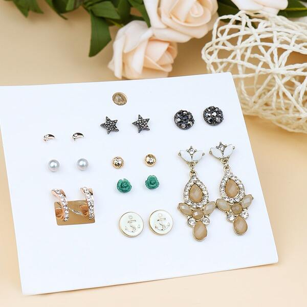 

9pairs Star & Flower Design Earrings, Multicolor