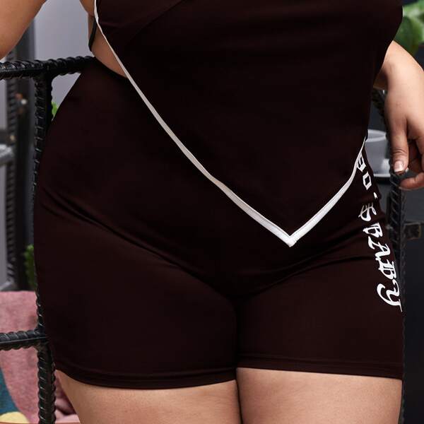 

Plus Letter Graphic Biker Shorts, Chocolate brown
