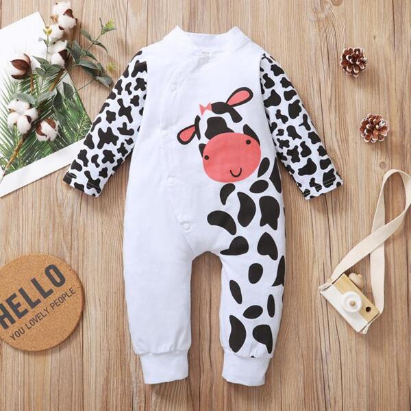 

Baby Girl Cow Print Baseball Collar Jumpsuit, White