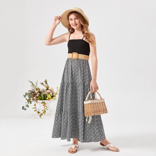 

Teen Girls Shirred Bodice Ditsy Floral Cami Dress Without Belt, Black