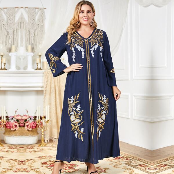

Plus Leaf Embroidery Dress, Navy blue