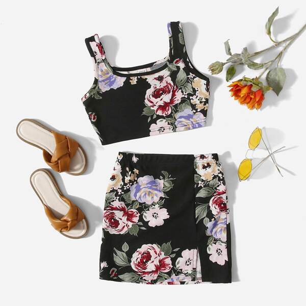 

Girls Floral Tank Top and Skirt Set, Black