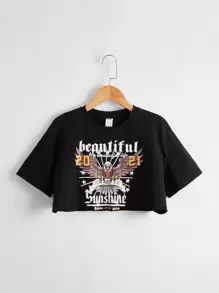 SHEIN 女孩老鷹和標語圖案落肩袖T恤 - 黑色 - 查看 1