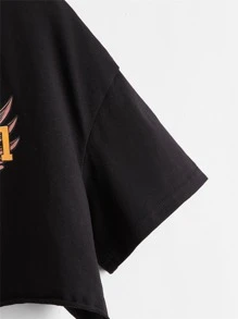 SHEIN 女孩老鷹和標語圖案落肩袖T恤 - 黑色 - 查看 3