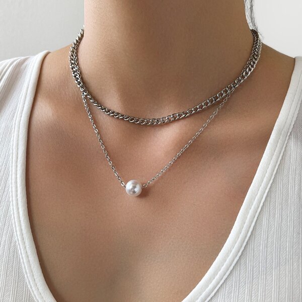 

Faux Pearl Decor Layered Necklace, Silver