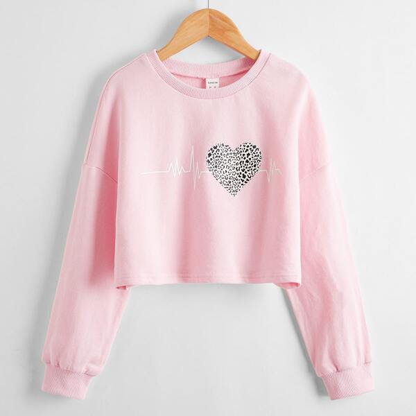 

для девочек Пуловер леопардовым принтом & с принтом сердечка, Нежний розовый