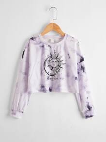 SHEIN 女孩太陽印花紮染落肩袖套頭衫 - 彩色 - 查看 1