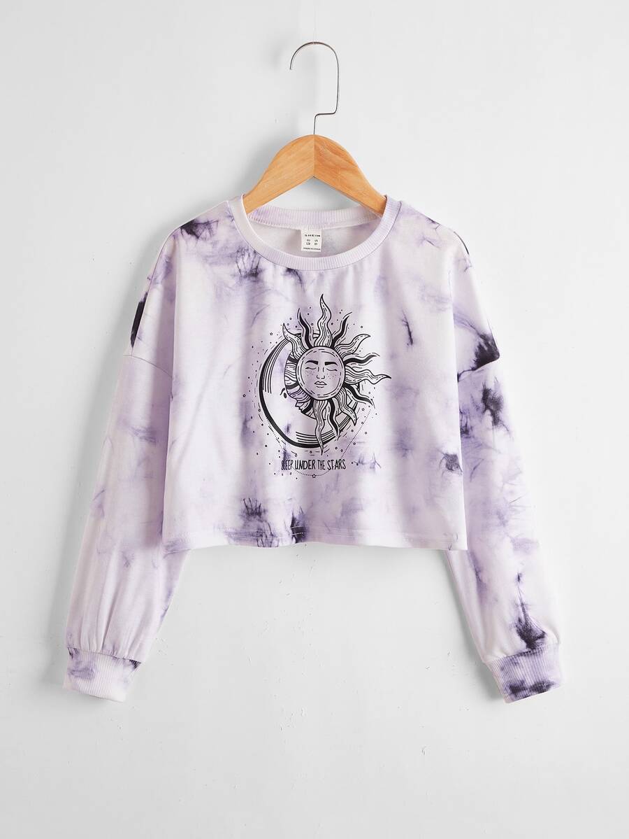 SHEIN 女孩太陽印花紮染落肩袖套頭衫 - 彩色 - 查看 1